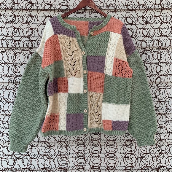 Vintage Sweaters - Hand knit pastel color block sampler cardigan
